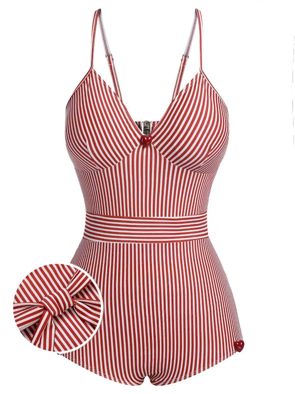 Red 1940s Spaghetti Strap Stripes One-Piece Swimsuit Crisscross Back Swimsuit