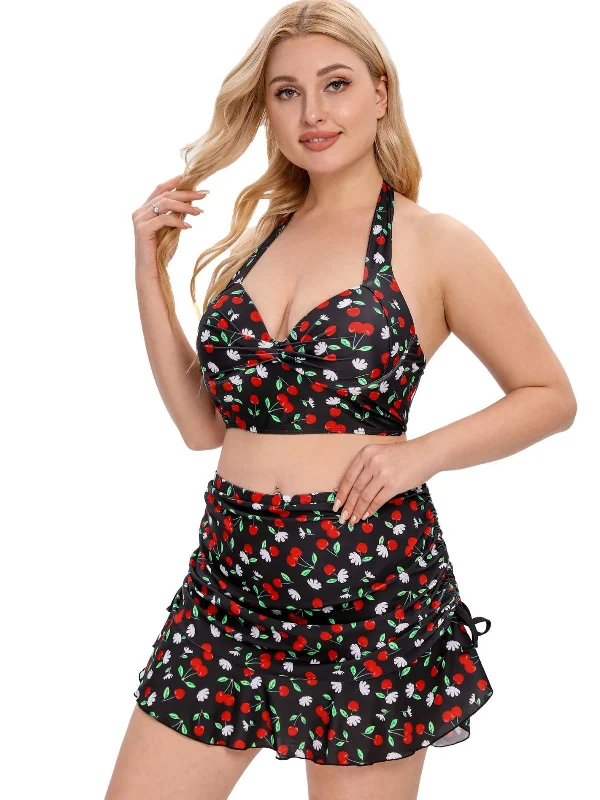 [Plus Size] Black 1930s Cherry Halter Swimsuit Vibrant Bikini Bottoms
