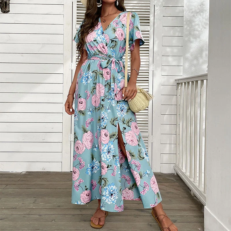 IKEARLAX  Cross-border Hot Trade  Summer  Retro Short Sleeve Beach Dress  High Waist Printed Dress Maxi Flowy Bohemian