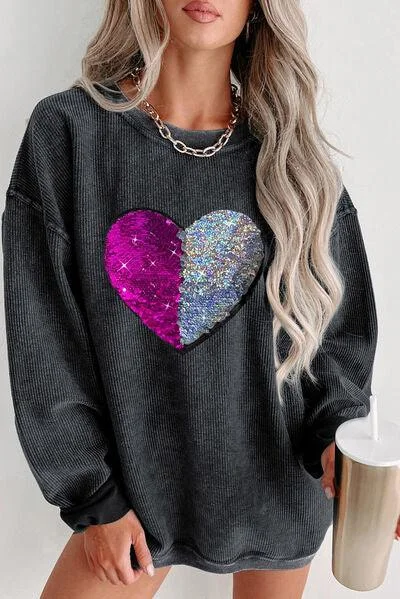 Heart Sequin Round Neck Sweatshirt Hoodie with Stripes Bold Sporty