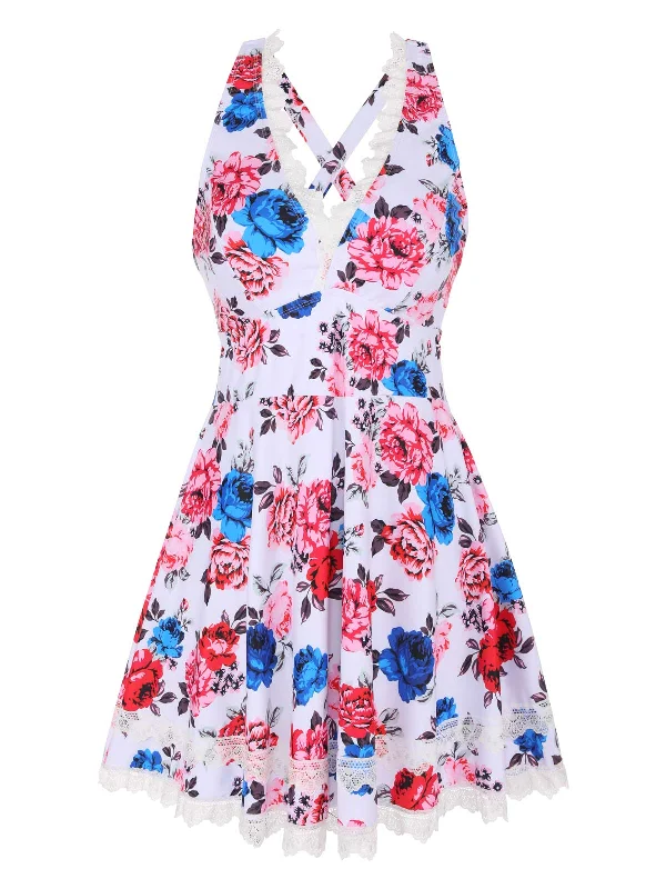 [Plus Size] Retro Floral One-Piece Swimsuit Plunge Back Swimsuit