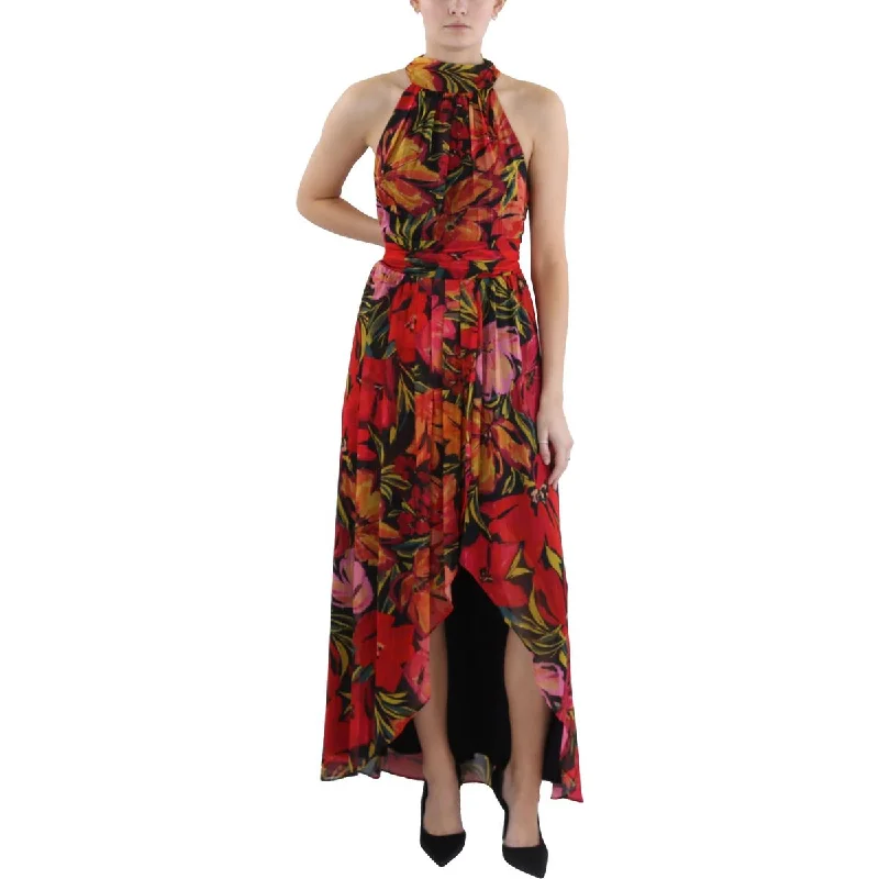 Womens Full Length Floral Print Halter Dress Boatneck Modish Everyday