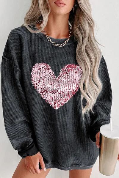 Heart Sequin Round Neck Sweatshirt Hoodie with Color Block Contrast Stylish