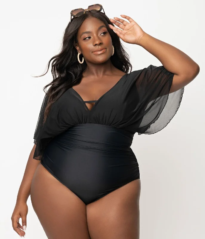 Unique Vintage Plus Size Black Mesh Sleeved Torrey Swimsuit Cross-Back Bikini