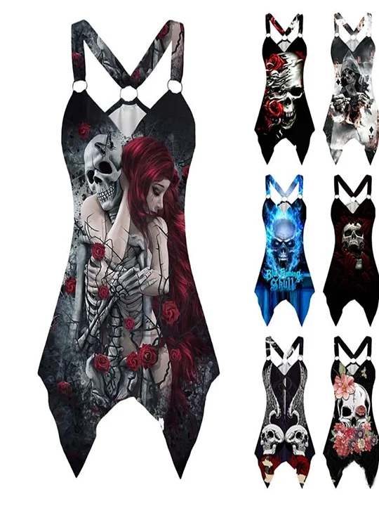 Upopby Long Skull Girl Print Sling Swimsuit Cover Up Beach Dress Sporty Swimwear Bottoms
