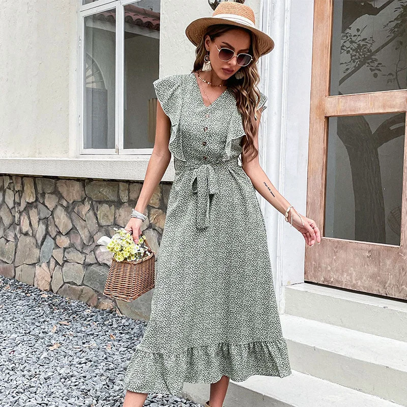 IKEARLAX Cross-border  trade   long summer printing slim dress high waist green  retro dress Tunics stripes playful