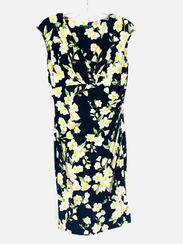 Lauren Ralph Lauren Size 6 Navy/Yellow Floral Ruched Dresses Dress Tunics Gym athletic