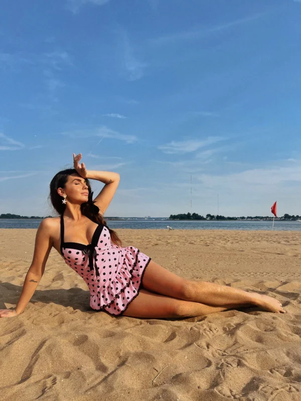 Pink 1940s Halter Polka Dots Bow One-Piece Swimsuit Stylish Cover-Up Set