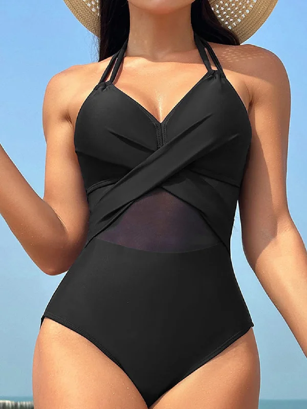 Black Mesh Crisscross Halter One-Piece Swimsuit with Sheer Inserts Stylish Beachwear Set