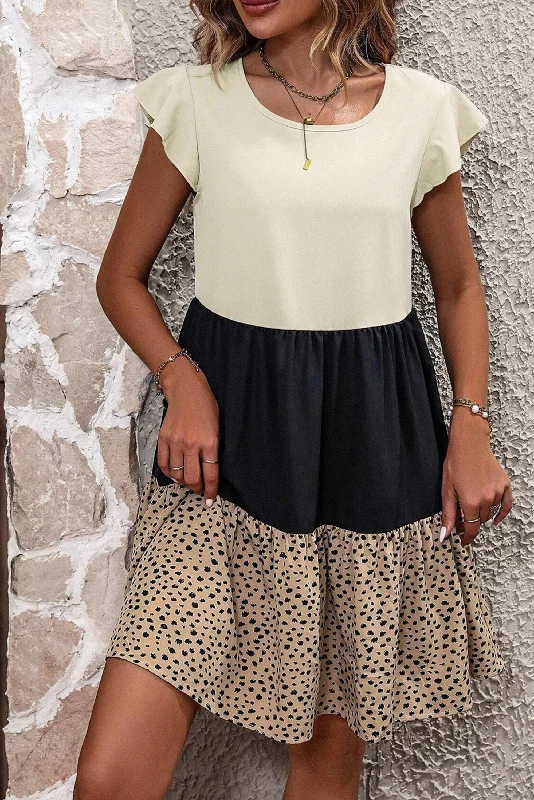 Beige Colorblock Dalmatian Print Flowy Dress Tunics Sophisticated sleek
