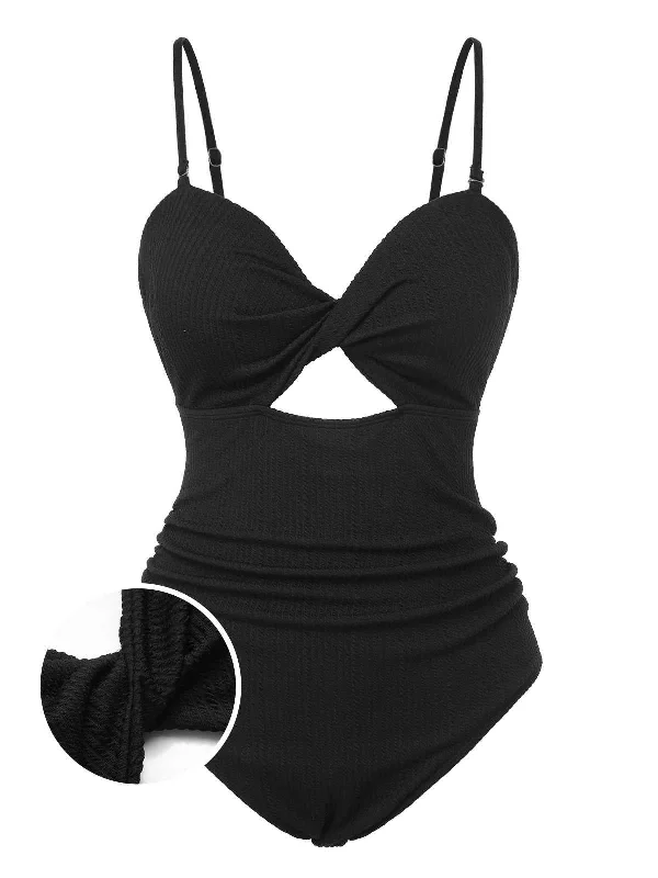 [Plus Size] Black 1960s Spaghetti Strap Twist Swimsuit Fun Pattern Swimsuit