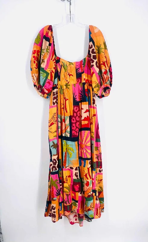 Farm Rio Size L Orange/Multi Multi-Print Puff Sleeve Designer Dress Maxi Tunics Trendy modern