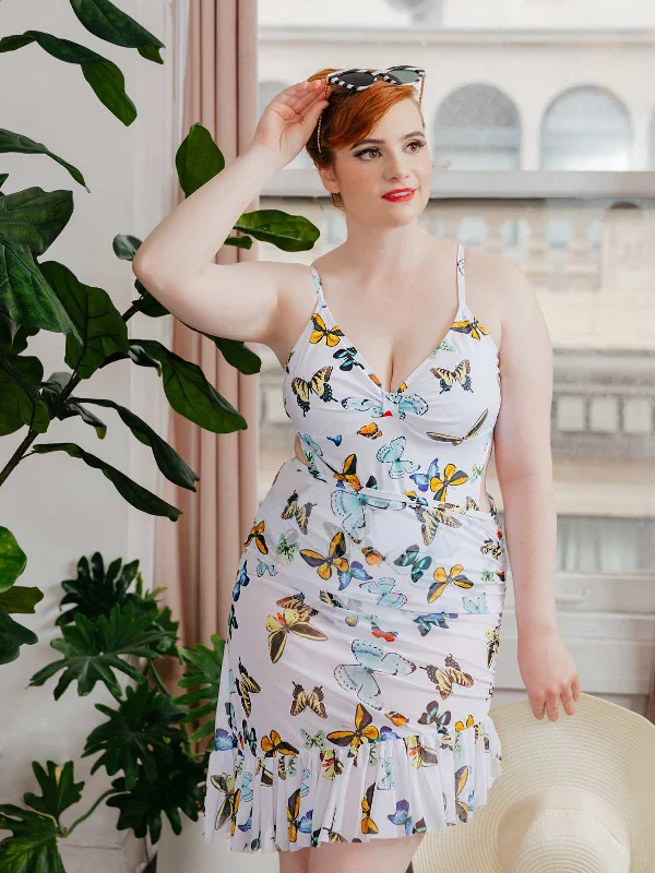 1960s Butterflies Strap One-piece Swimsuit & Cover-up Skirt Retro-Inspired Bikini Set