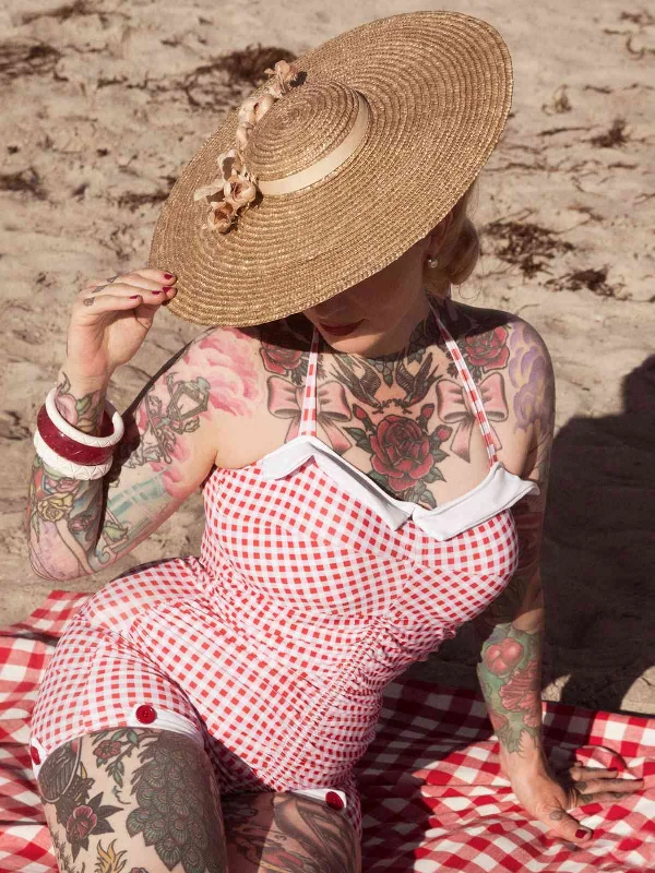 Gingham 1950s Halter Bowknot One-piece Swimsuit Sexy Cutout Swimsuit
