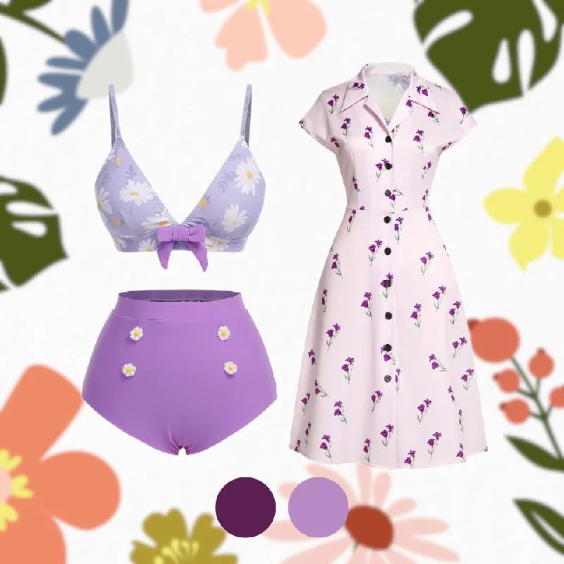 Purple 1950s Daisy Bow Strap Swimsuit Ruffled Swimsuit Top