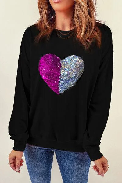 Heart Sequin Round Neck Dropped Shoulder Sweatshirt Hoodie with Pattern Geometric Abstract