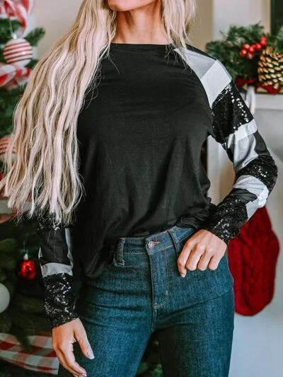 Plaid Sequin Long Sleeve Round Neck Sweatshirt Hoodie with Typography Text Message