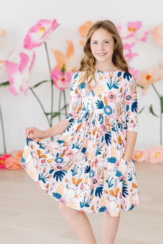 Blush Peony 3/4 Sleeve Pocket Twirl Dress Tunics Long Elegant
