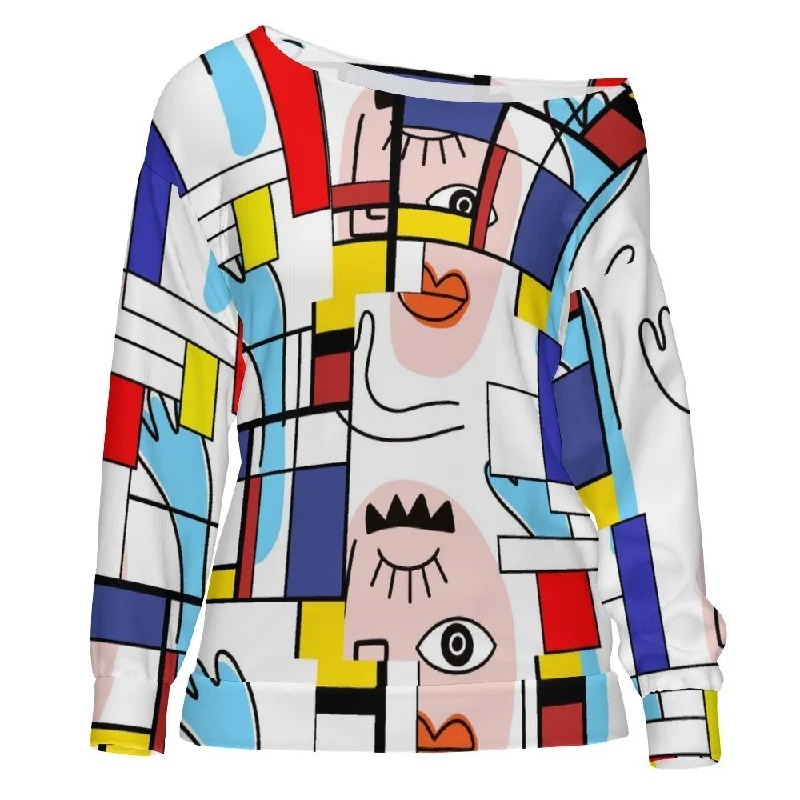 Mondrian Boho Evil Eye Patchwork Off Shoulder Sweatshirt Hoodie with Zipper Versatile Modern Mondrian Boho Evil Eye Patchwork Off Shoulder Sweatshirt Hoodie with Zipper Versatile Modern