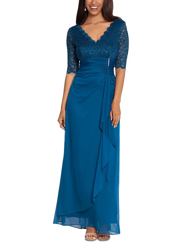 Petites Womens Lace Overlay Embellished Evening Dress Turtleneck Neckline Stylish