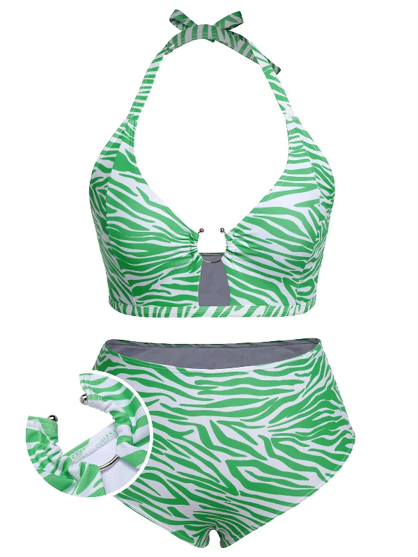 [Plus Size] 1940s Zebra Print Cutout Halter Swimsuit High-Waist Bikini Set