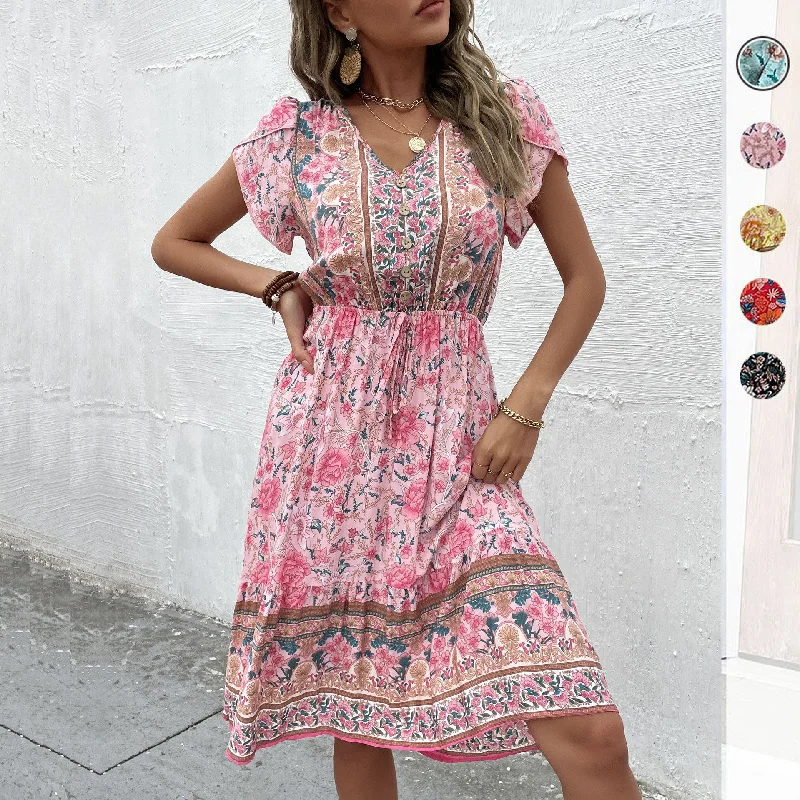 IKEARLAX Cross-border trade women's clothing skirt summer v-neck bohemian ruffle edge printed dress Pencil Office Professional IKEARLAX Cross-border trade women's clothing skirt summer v-neck bohemian ruffle edge printed dress Pencil Office Professional