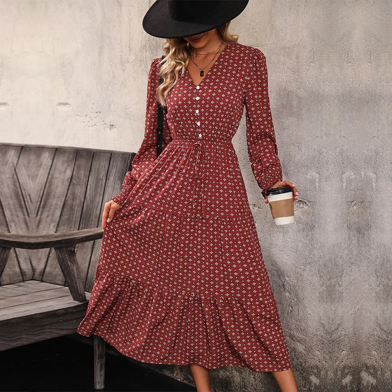 IKEARLAX New cross-border dress long-sleeved ruffle edge long dress V-neck buckle skirt red retro women's dress empire Waist empire