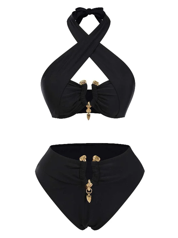 Black 1970s Halter Cross-Neck High-Waist Swimsuit Mesh Panel Swimwear