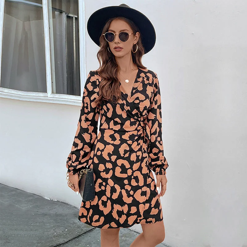 IKEARLAX Cross-border  2025 new leopard print v-neck long-sleeved long-sleeved dress temperament casual wrap skirt Tunics Sale discount