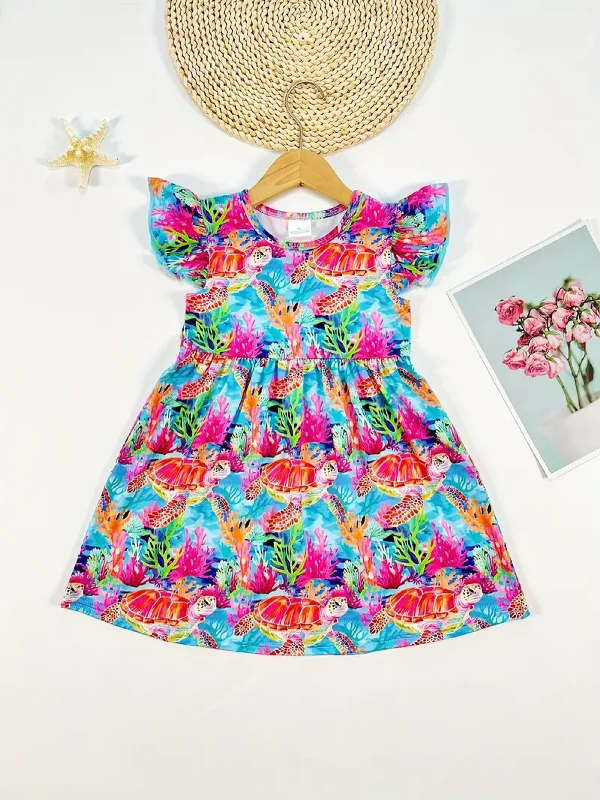 Girls Short Sleeve Turtle Dress Tunics Print Colorful