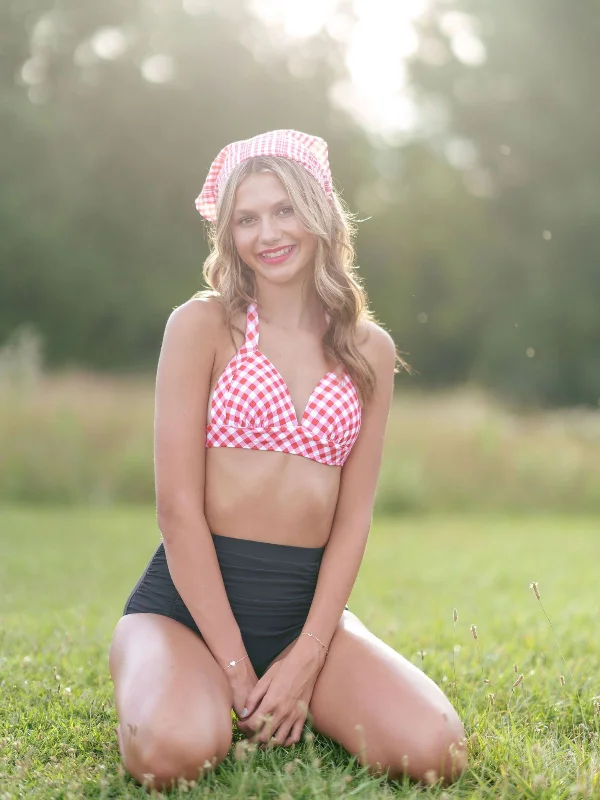 1950s Halter Plaids Lace-Up Swimsuit Lace-Detail Bikini Set