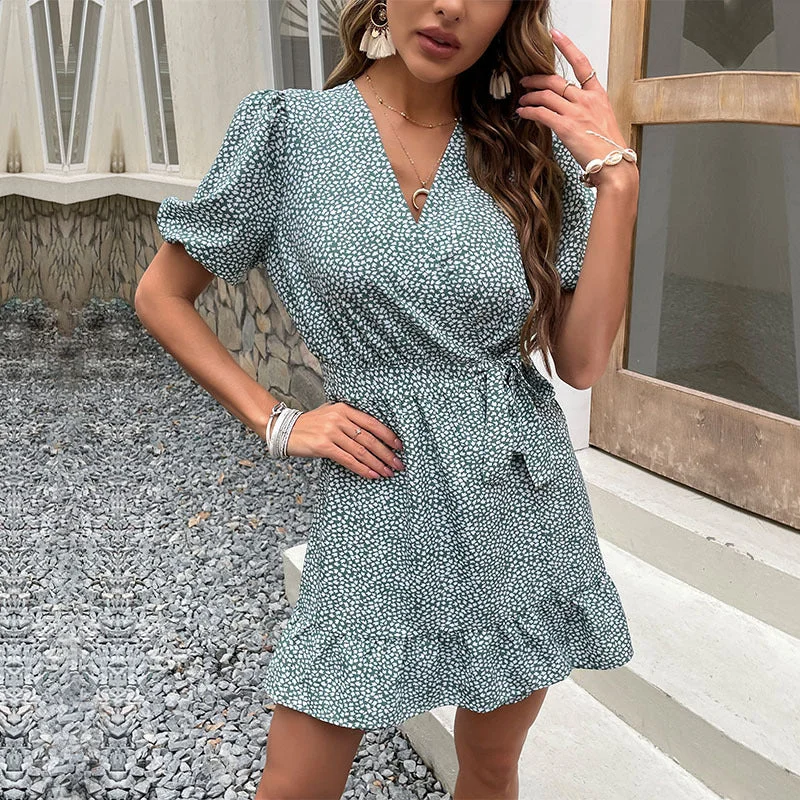 IKEARLAX cross-border  trade women's clothing Europe, America and   summer printing lotus leaf edge lace-up lisianthus dress Boat Neckline Classic