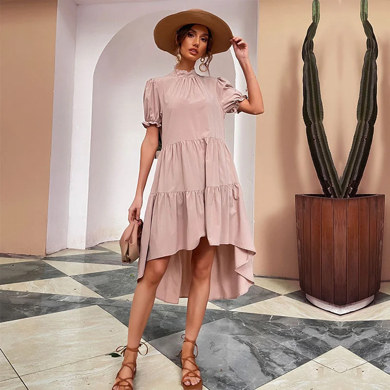 IKEARLAX Independent station  cross-border European station women's clothing  high-waisted solid color irregular loose pleated dress Tunics Satin smooth