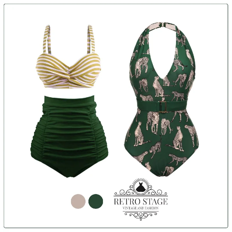 Green 1930s Jaguar Vintage Halter One-piece Swimsuit Two-Piece Beachwear