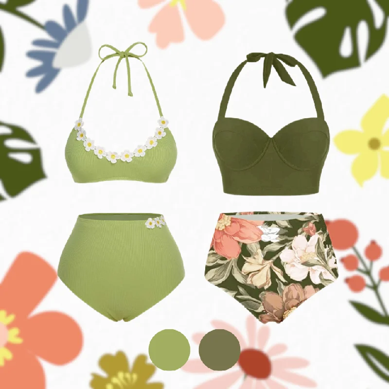 Light Green 1960s Halter Knit Daisy Swimsuit Tropical Print One-Piece