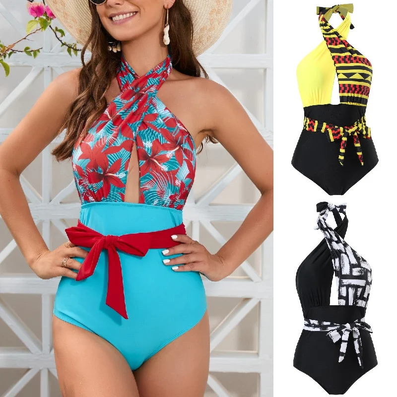 New Arrival Wholesale Bow Tie Retro Halter Ruched Women Vintage High Waist One piece Swimsuit Bathing Suit Plus Size Swimwear High-Waisted Swimwear