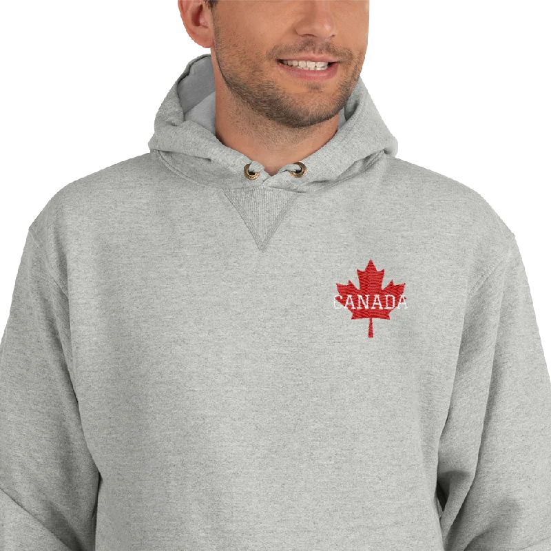 Men's Champion Hoodie Embroidered Bold CANADA Maple Leaf Hoodie with Raw Hem Edgy Unfinished Men's Champion Hoodie Embroidered Bold CANADA Maple Leaf Hoodie with Raw Hem Edgy Unfinished