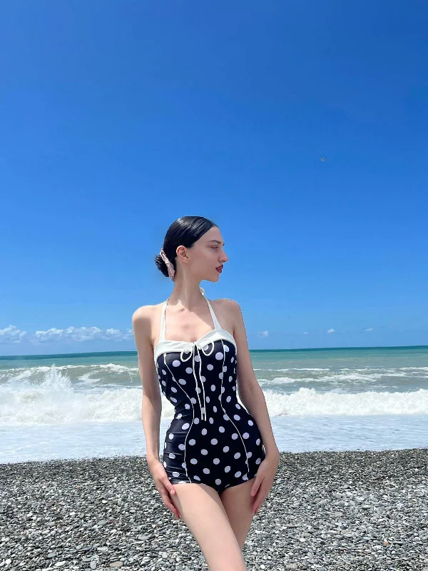 Black 1950s Polka Dots Halter Swimsuit Trendy Swimsuit Bottoms