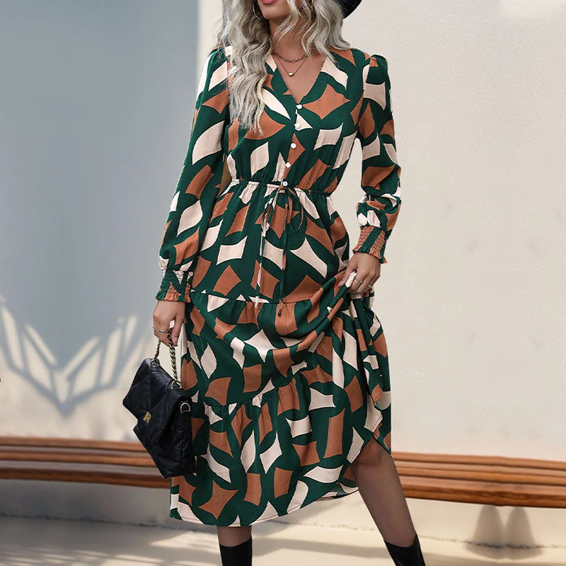 IKEARLAX Middle East new temperament V-neck ruffle edge dress, button dress geometric shape versatile women's skirt Tunics Custom made IKEARLAX Middle East new temperament V-neck ruffle edge dress, button dress geometric shape versatile women's skirt Tunics Custom made