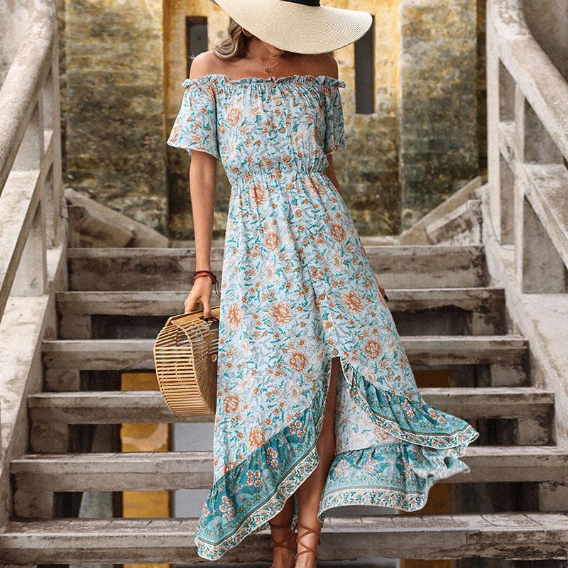 IKEARLAX cross-border summer oil painting floral dress one-word collar print dress Tunics Solid Classic IKEARLAX cross-border summer oil painting floral dress one-word collar print dress Tunics Solid Classic