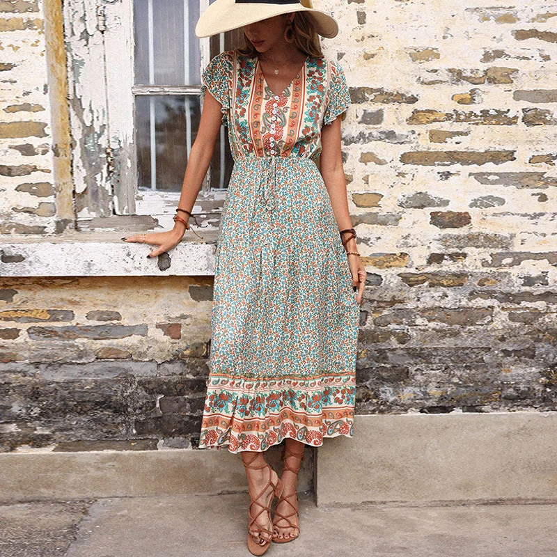 IKEARLAX Independent station long dress retro printing green thin dress women's summer Tunics Luxurious high-end IKEARLAX Independent station long dress retro printing green thin dress women's summer Tunics Luxurious high-end