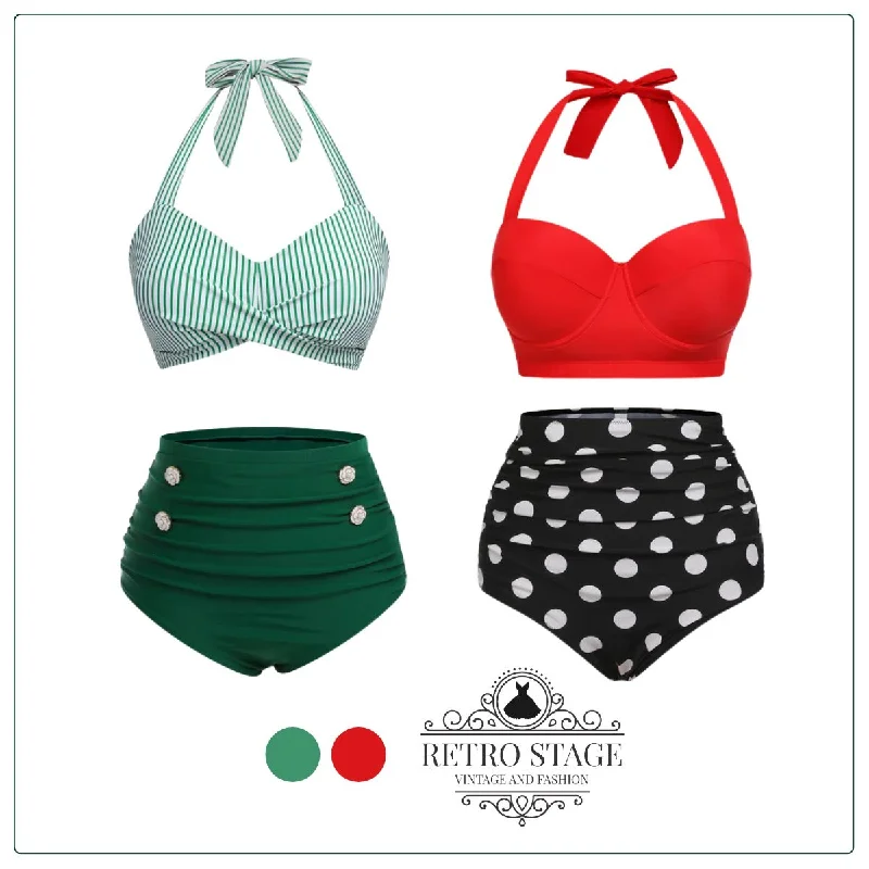Green 1940s Striped Halter Swimsuit Set Plunge Neckline Swimsuit