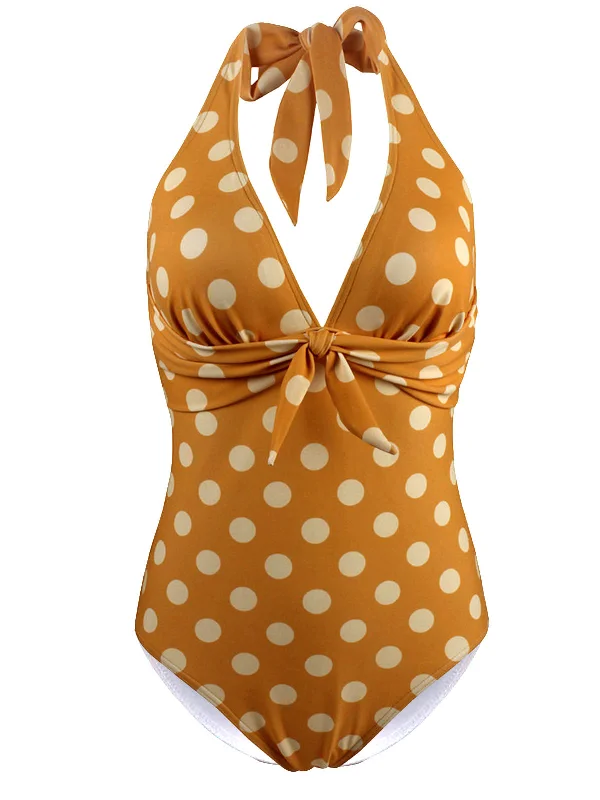 Halter Polka Dot One-Piece Swimsuit Crisscross Back Swimsuit