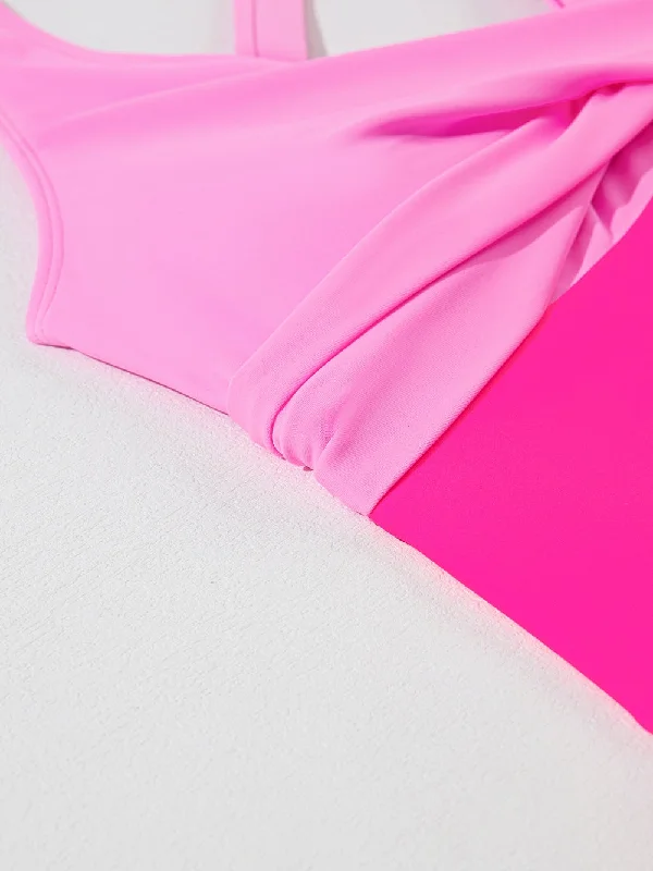 Pink Two-Tone Flared One-Piece Swimsuit Comfortable Swim Dress