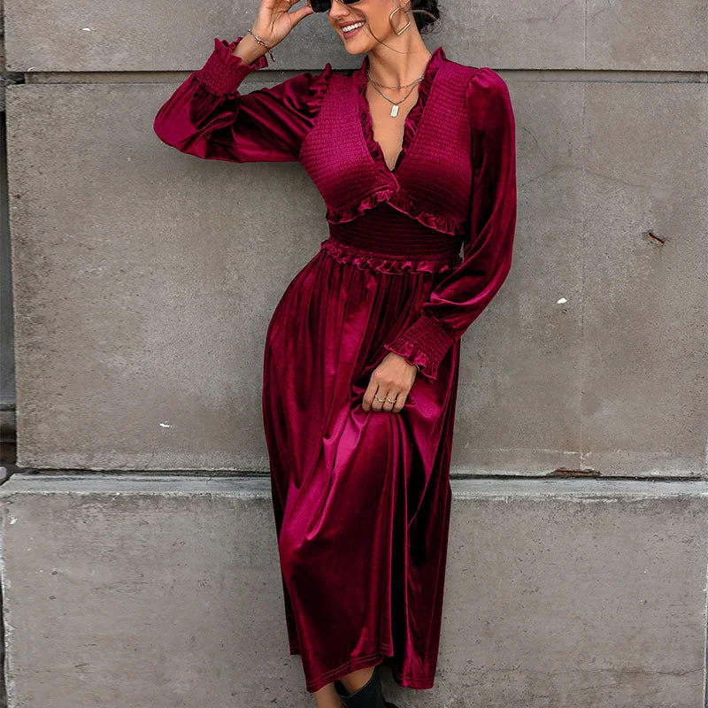 IKEARLAX 2025 2025 trade explosion burgundy velvet dress temperament elegant long dress wooden ear edge collection design skirt Tunics Chinos classic IKEARLAX 2025 2025 trade explosion burgundy velvet dress temperament elegant long dress wooden ear edge collection design skirt Tunics Chinos classic