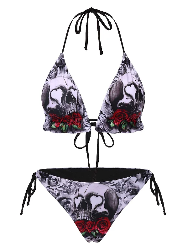 1950s Halter Gothic Skull Roses Swimsuit Swim Dress with Belt
