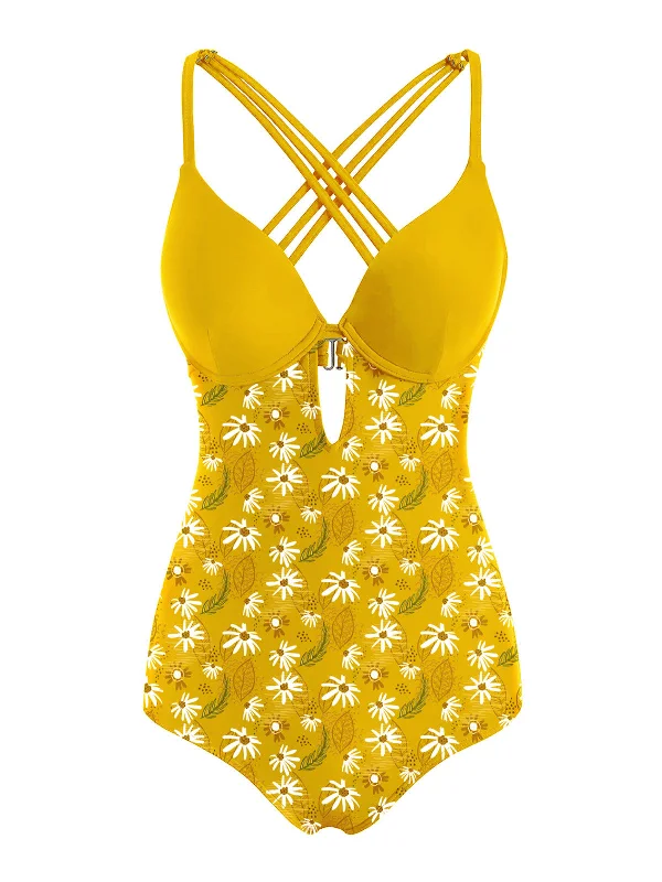 [US Warehouse] Yellow 1950s Daisy Patchwork Swimsuit Floral Bikini Top