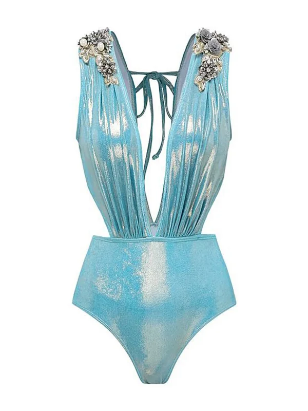 Blue 1930s Beading Shimmery One-Piece Swimsuit Stylish Cover-Up Set