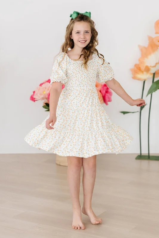Marvelous Marigolds Smocked Ruffle Dress Maxi Flowy Bohemian