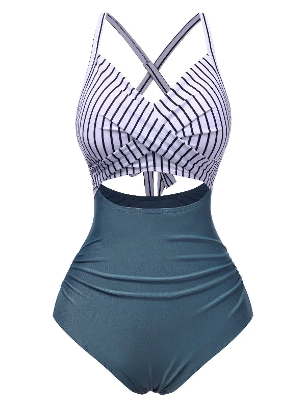 Blue 1940s Stripe Patchwork Hollow One-Piece Swimsuit Cross-Back Bikini